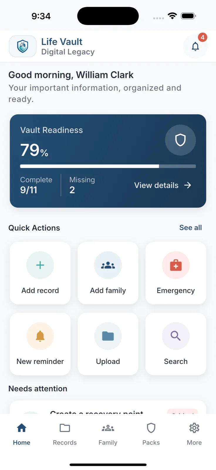 Life Vault dashboard on phone