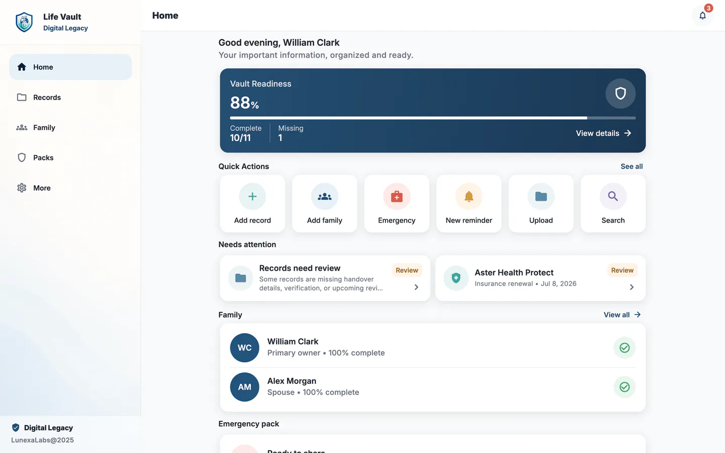 Life Vault dashboard on desktop