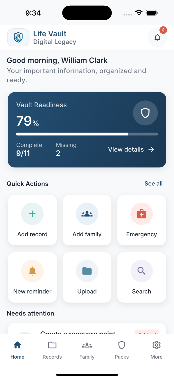 Life Vault dashboard on phone