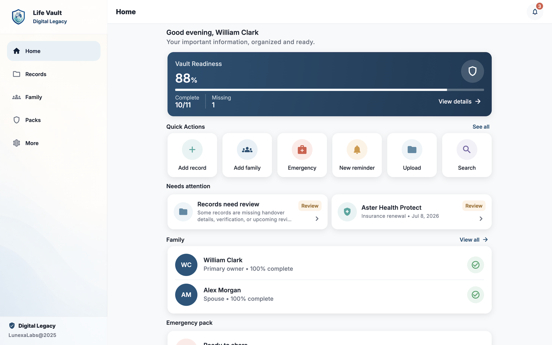 Life Vault dashboard on desktop